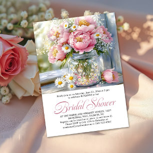 Pink Peonies White Daisies in Mason Jar Invitation