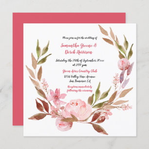 Pink Peonies, Wildflowers, Greenery Wreath Wedding Invitation