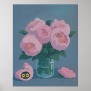 Pink Peonies with Hidden Cat Eyes Poster