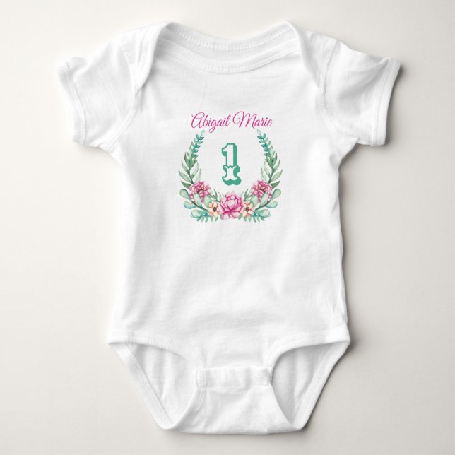 Pink Peonies Wreath Personalised With Age Baby Bodysuit (Front)