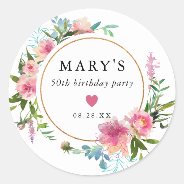 Pink Peony 50th Birthday Party Favour Classic Round Sticker (Front)