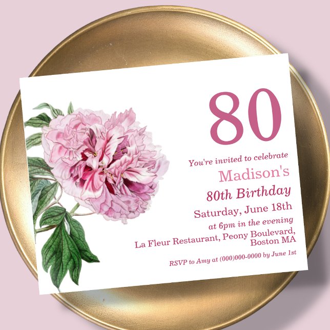 Pink Peony | 80th Budget Birthday Invitation (Creator Uploaded)