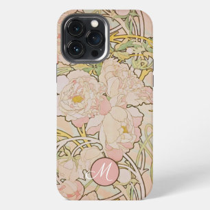 Pink Peony Alphonse Mucha Monogram iPhone 13 Pro Max Case