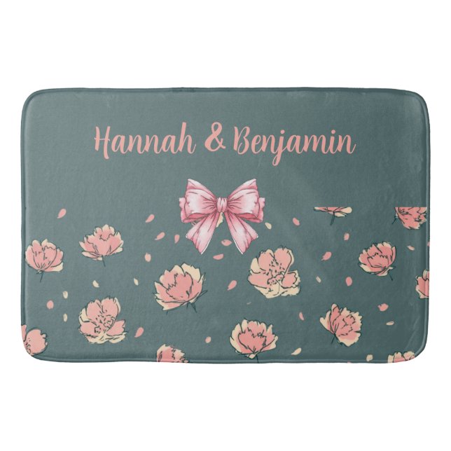 Pink Peony and Bow Pattern Bath Mat (Front)