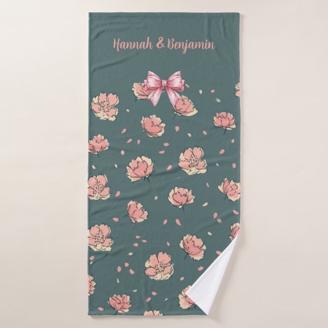 Pink Peony and Bow Pattern Bath Towel (Bath Towel)