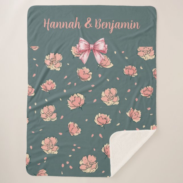 Pink Peony and Bow Pattern Sherpa Blanket (Front)