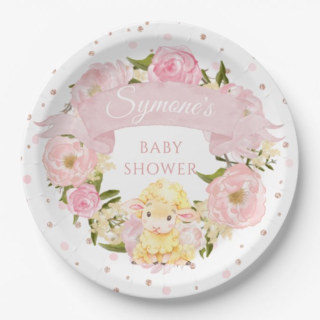 Pink Peony and Rose Gold Sheep Custom Baby Shower Paper Plate (Front)
