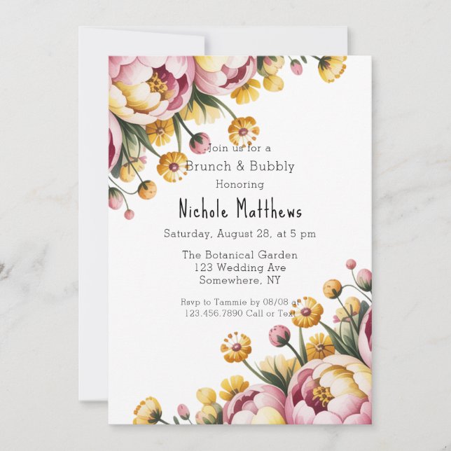 Pink Peony and Yellow Floral Brunch & Bubbly Invitation (Front)