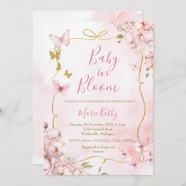 Pink Peony Baby in Bloom Butterfly Invitation (Front/Back)