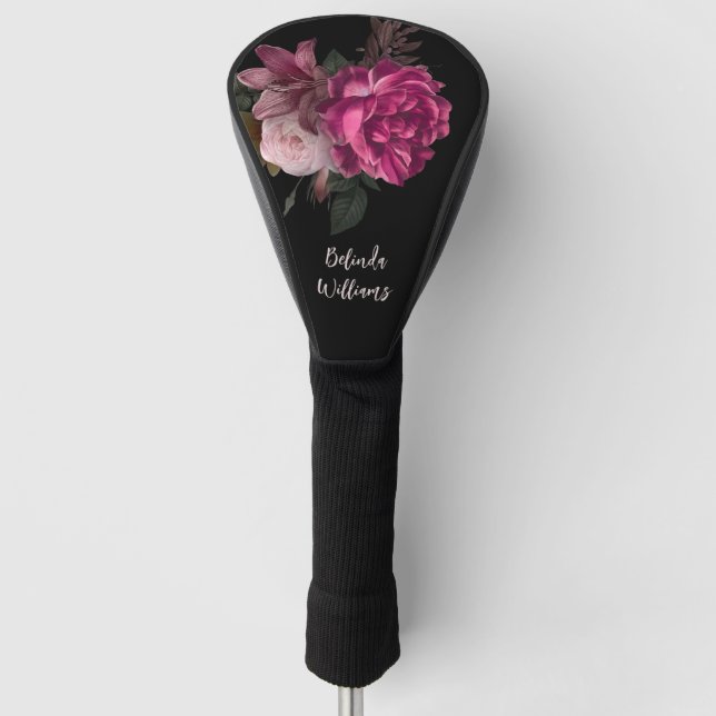 Pink Peony Black Monogram Golf Head Cover (Front)