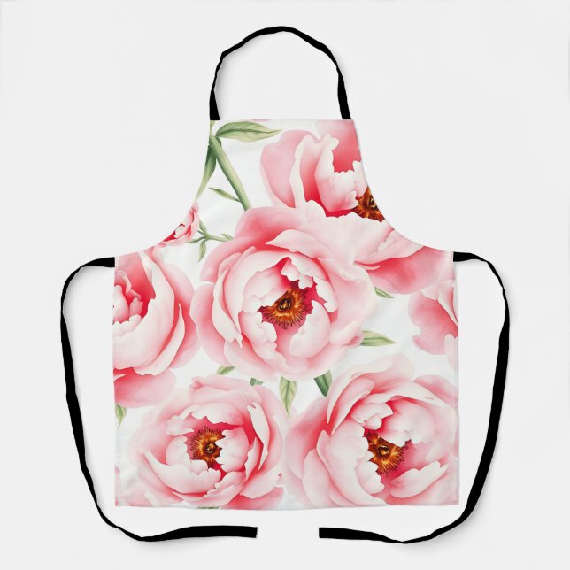 Pink Peony Blooms Watercolor Pattern Apron (Front)