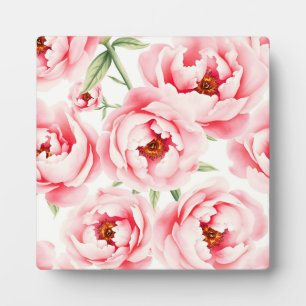 Pink Peony Blooms Watercolor Pattern Plaque