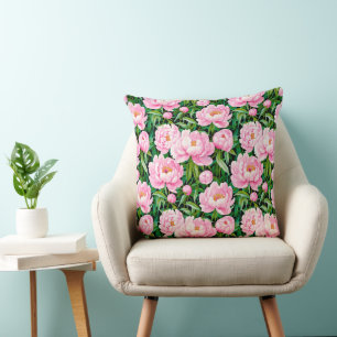 Pink Peony Blossoms on a Leafy Background  Cushion