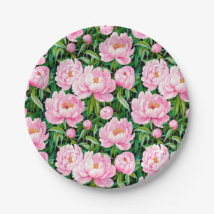 Pink Peony Blossoms on a Leafy Background Paper Plate