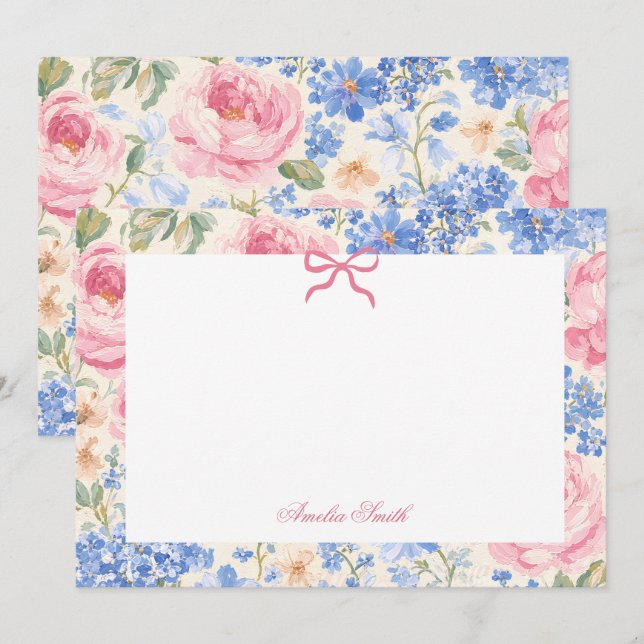 Pink Peony Blue Hydrangea girly summer Note Card (Front/Back)
