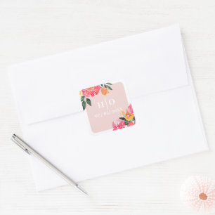Pink Peony Boquet Floral green Wedding Square Sticker