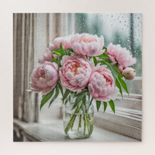 Pink Peony Bouquet By a Rainy Window Jigsaw Puzzle