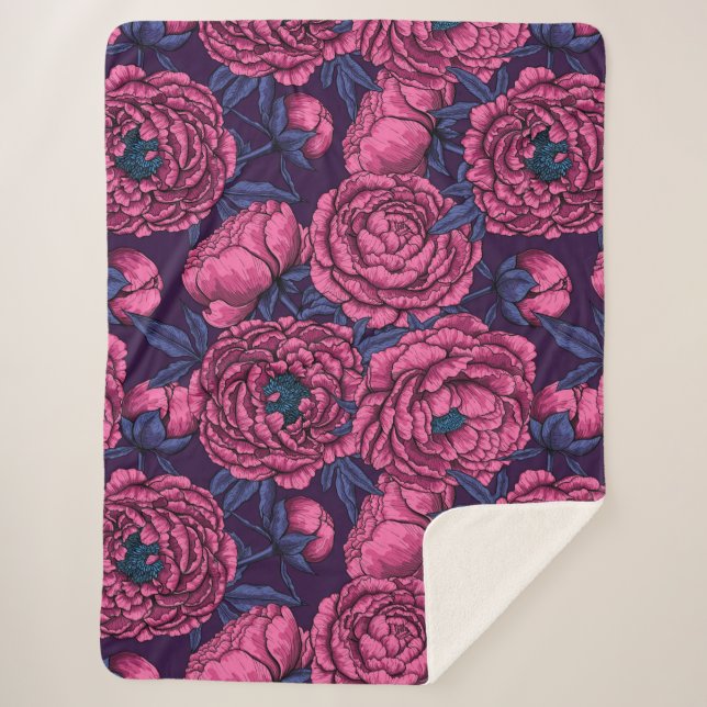 Pink peony bouquet sherpa blanket (Front)