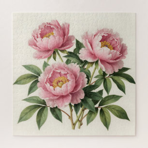 Pink Peony Bouquet Vintage Botanical Illustration Jigsaw Puzzle