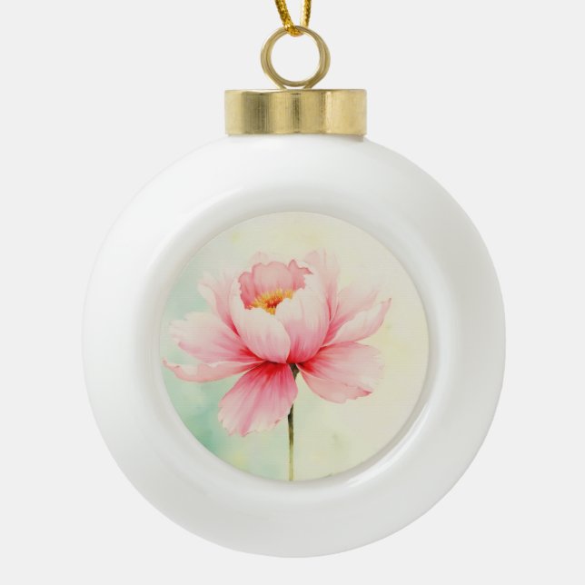 Pink Peony Ceramic Ball Christmas Ornament (Front)