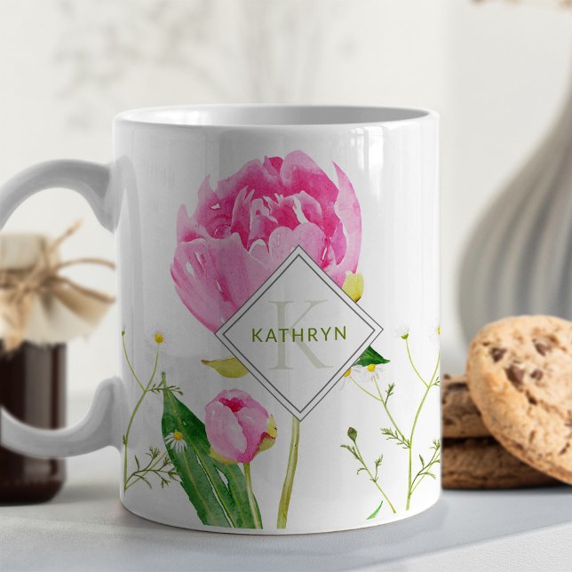 Pink Peony & Daisy Illustrated Monogram Coffee Mug (Creator Uploaded)