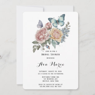 Pink Peony Dusty Blue Butterfly Bridal Shower Invitation