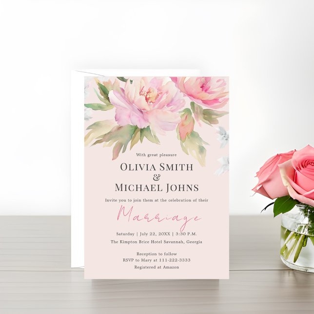 Pink peony Elegant Watercolor Wedding Invitation (Creator Uploaded)