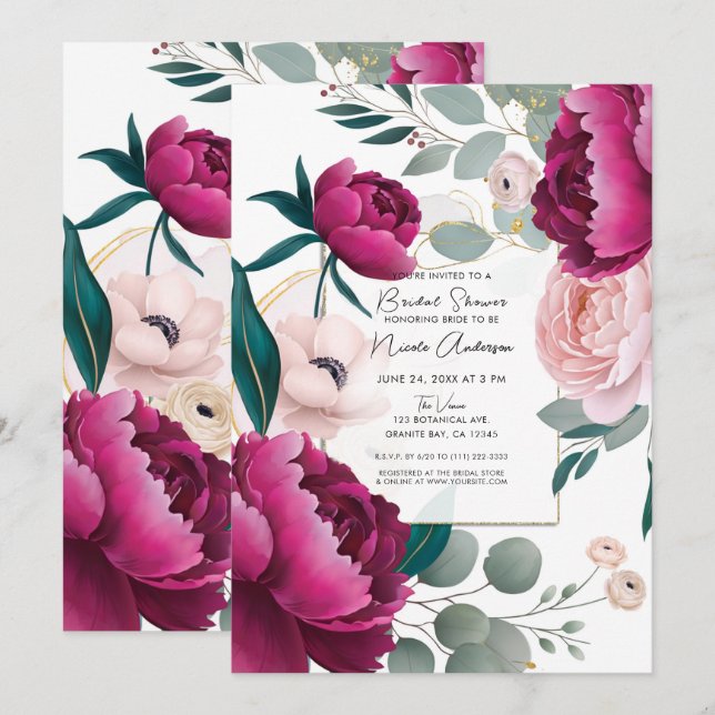 Pink Peony Eucalyptus Garden Floral Bridal Shower Invitation (Front/Back)