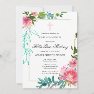 Pink Peony First Communion Invitation