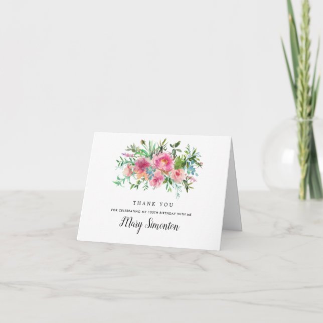 Pink Peony Floral 100th Birthday Photo Thank You Card (Front)