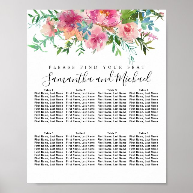 Pink Peony Floral 8-Table Wedding Seating Chart (Front)