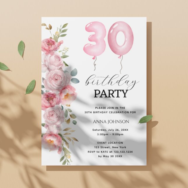 Pink  Peony Floral Balloon 30th Birthday Party  Invitation (Creator Uploaded)
