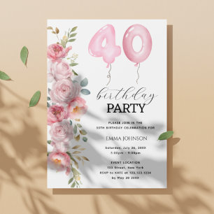 Pink  Peony Floral Balloon 40th Birthday Party  Invitation
