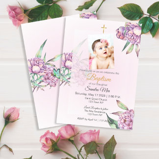 Pink Peony Floral Baptism Invitation