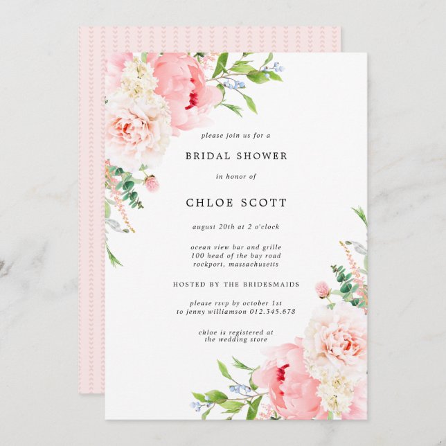 Pink Peony Floral Botanical Bridal Shower Invitati Invitation (Front/Back)