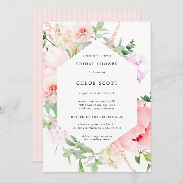 Pink Peony Floral Botanical Bridal Shower Invitation (Front/Back)