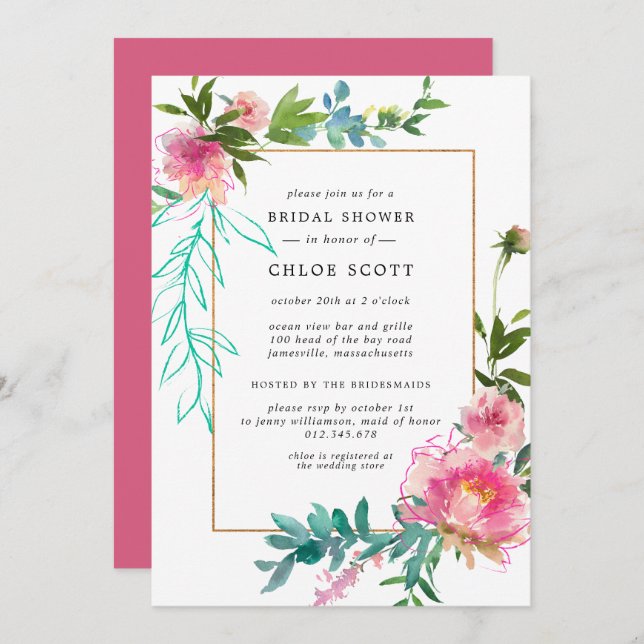Pink Peony Floral Bridal Shower Invitation (Front/Back)