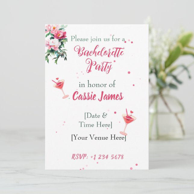 Pink Peony Floral Cocktail Bachelorette  Invitation (Standing Front)