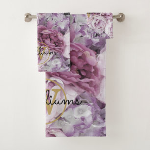 Pink Peony Floral Elegant Gold Monogram Bath Towel Set
