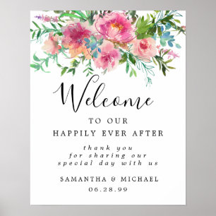 Pink Peony Floral Elegant Wedding Welcome Sign