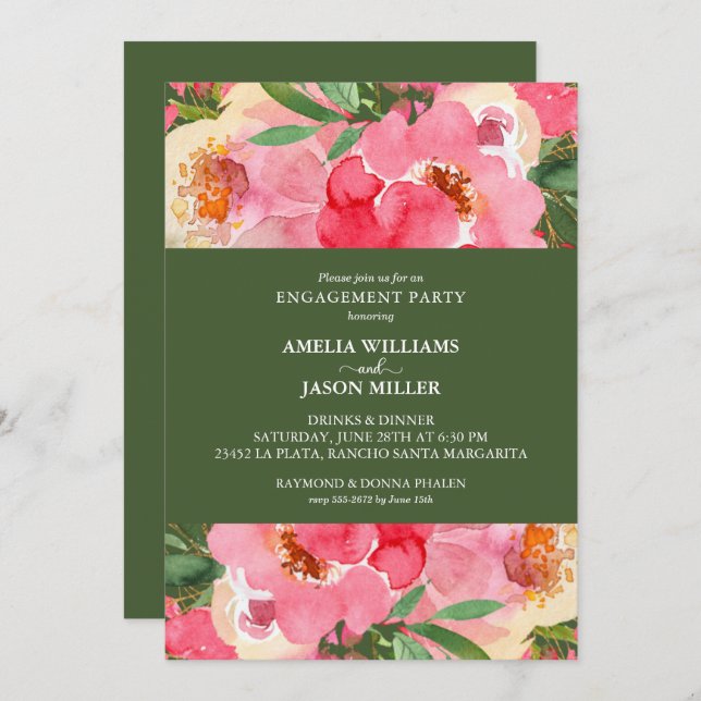 Pink Peony Floral Engagement Party Invitation (Front/Back)