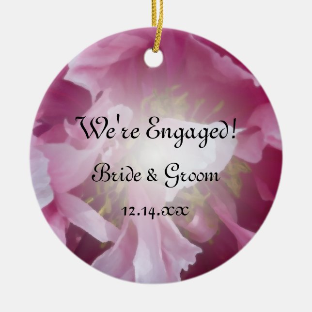 Pink Peony Floral Engagement Photo Ceramic Ornament (Front)