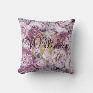 Pink Peony Floral Gold Monogram Name Cushion