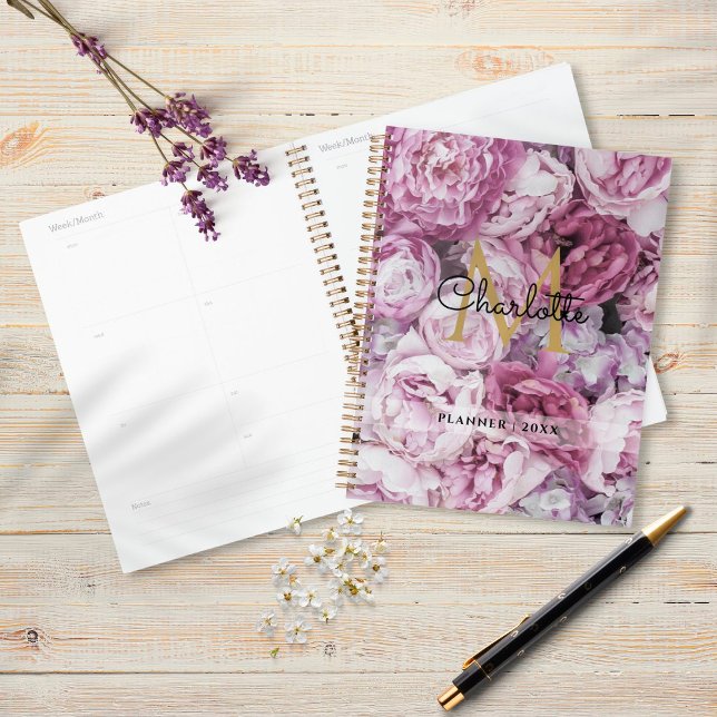 Pink Peony Floral Gold Monogram Script 2023 Planner (Creator Uploaded)