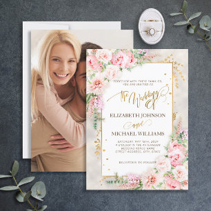 Pink Peony Floral Gold Script & Frame Invitation