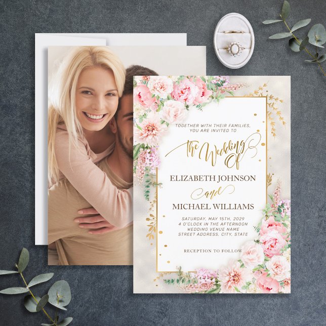 Pink Peony Floral Gold Script & Frame Invitation (Creator Uploaded)