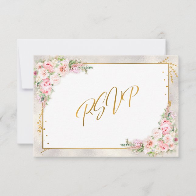 Pink Peony Floral Gold Script & Frame RSVP Card (Front)