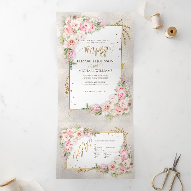 Pink Peony Floral Gold Script & Frame Tri-Fold Invitation (Inside)