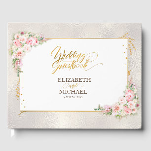 Pink Peony Floral Gold Script & Frame Wedding Guest Book