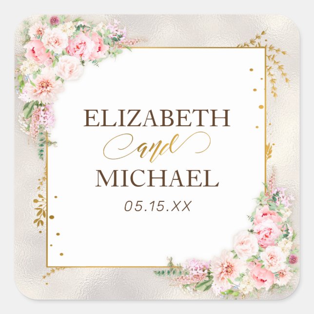 Pink Peony Floral Gold Script & Frame Wedding Square Sticker (Front)